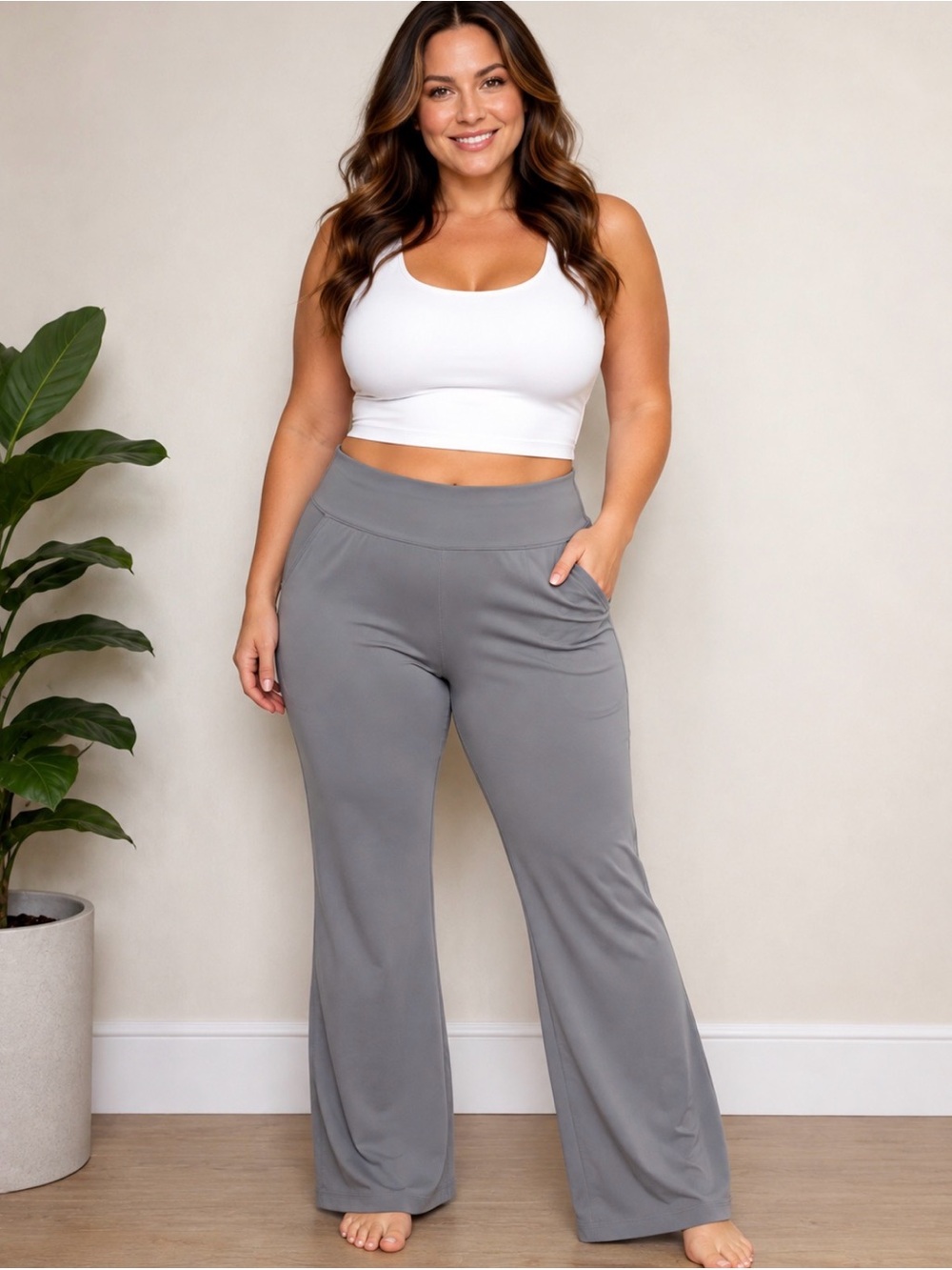 Esoft Women’s Gray Petite Wide Leg Pants Large 29” Stretch Pull On Pockets